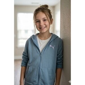 Puma Girls Blue Full Zip Fleece Hoodie Iridescent Logo PGF20-00790 Size Large